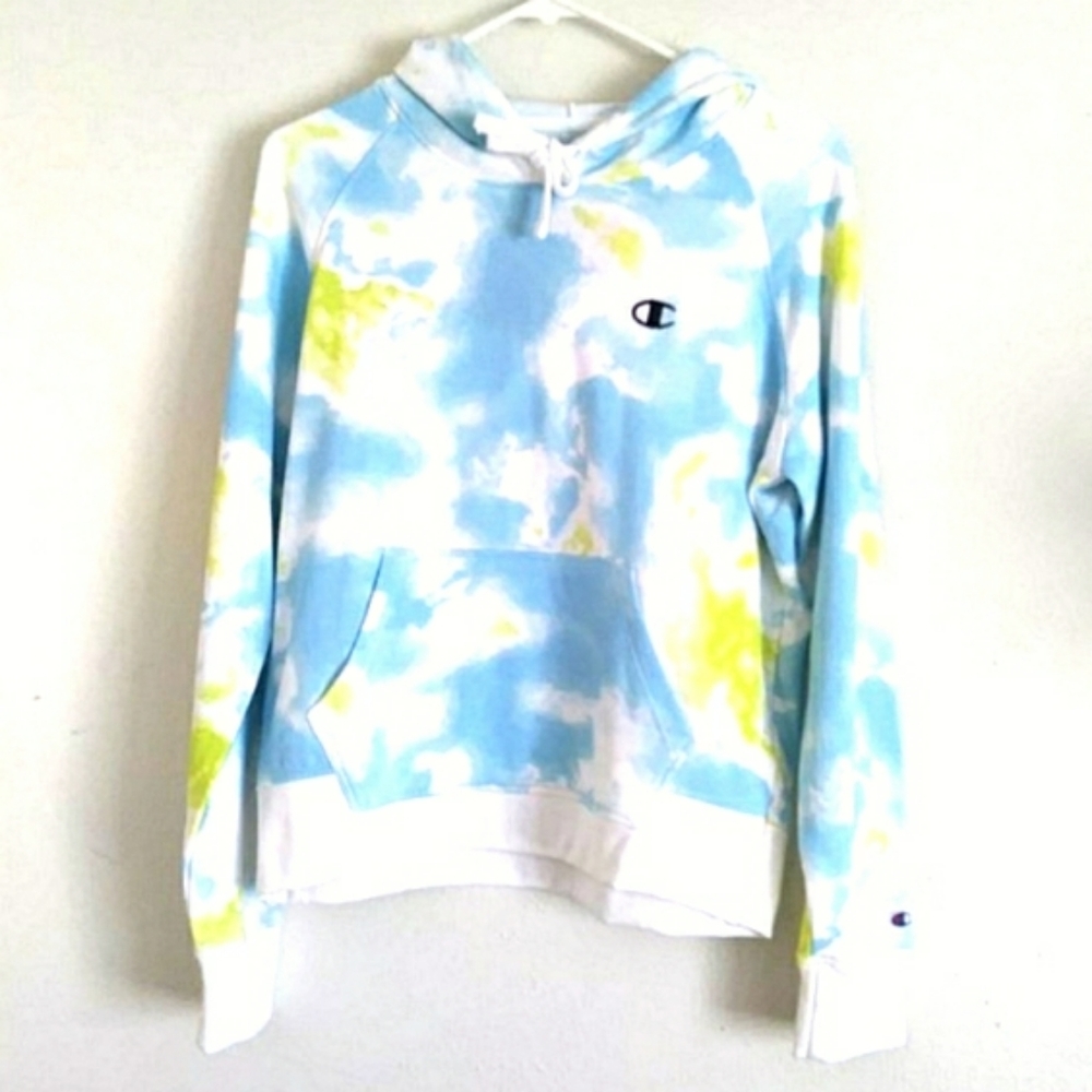 Champion Candid Blue/Sweet Green Cloud Sky Print Tie Dyed hoodie Sz Medium